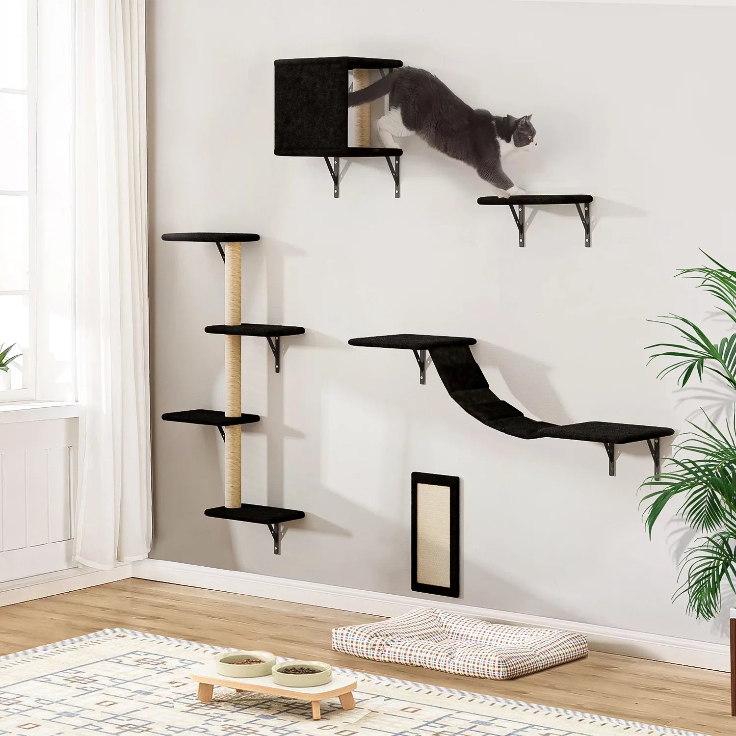 Cat Wall Shelves and Perches Set of 5, Sleeping Playing Lounging Climbing Cat Tree House for Multiple Cats, Black