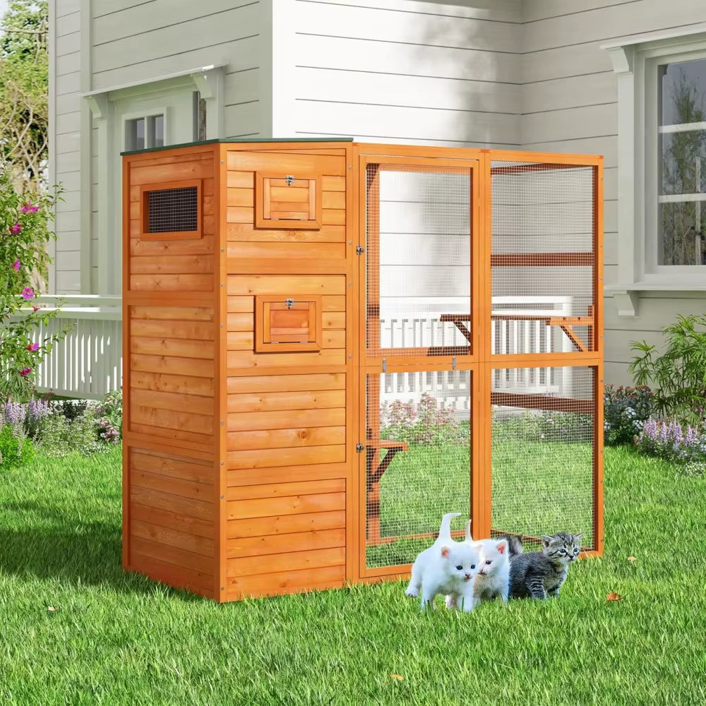 Large Wood Cat Catio, Outdoor Enclosure with Weatherproof Roof, 2 Resting Rooms, 2 Platforms, 4-Tier Cat Playpen, Orange