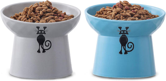 Tilted Ceramic Raised Cat Bowls, 8 OZ Food and Water Bowls Set for Kitty, Porcelain Elevated Stress Free Feeding Pet Dish, Dishwasher and Microwave Safe, 2 Pack (Grey & Blue)