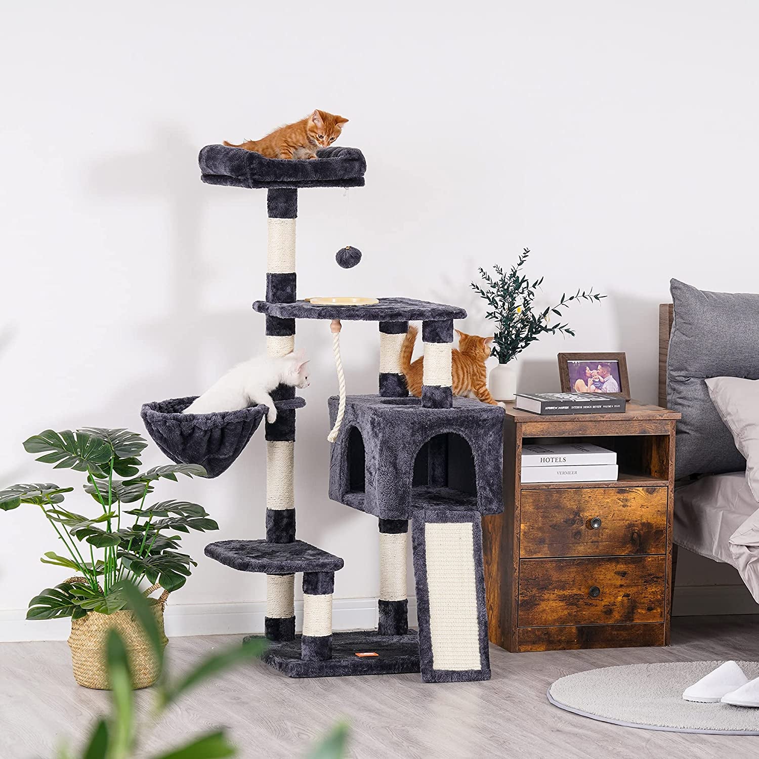 Cat Tree, Cat Tower for Indoor Cats with Scratching Board, Multi-Level Cat Furniture Condo with Feeding Bowl, Smoky Gray HCT010G