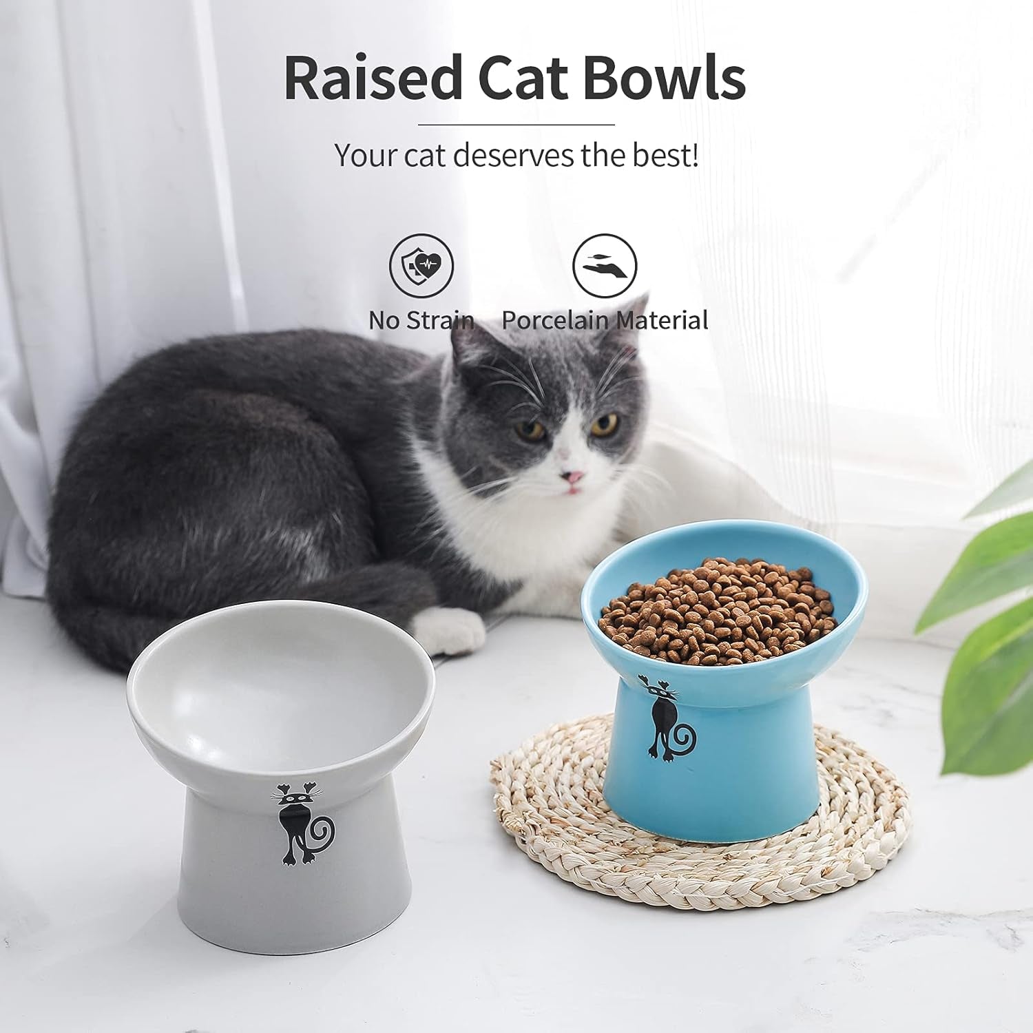 Tilted Ceramic Raised Cat Bowls, 8 OZ Food and Water Bowls Set for Kitty, Porcelain Elevated Stress Free Feeding Pet Dish, Dishwasher and Microwave Safe, 2 Pack (Grey & Blue)