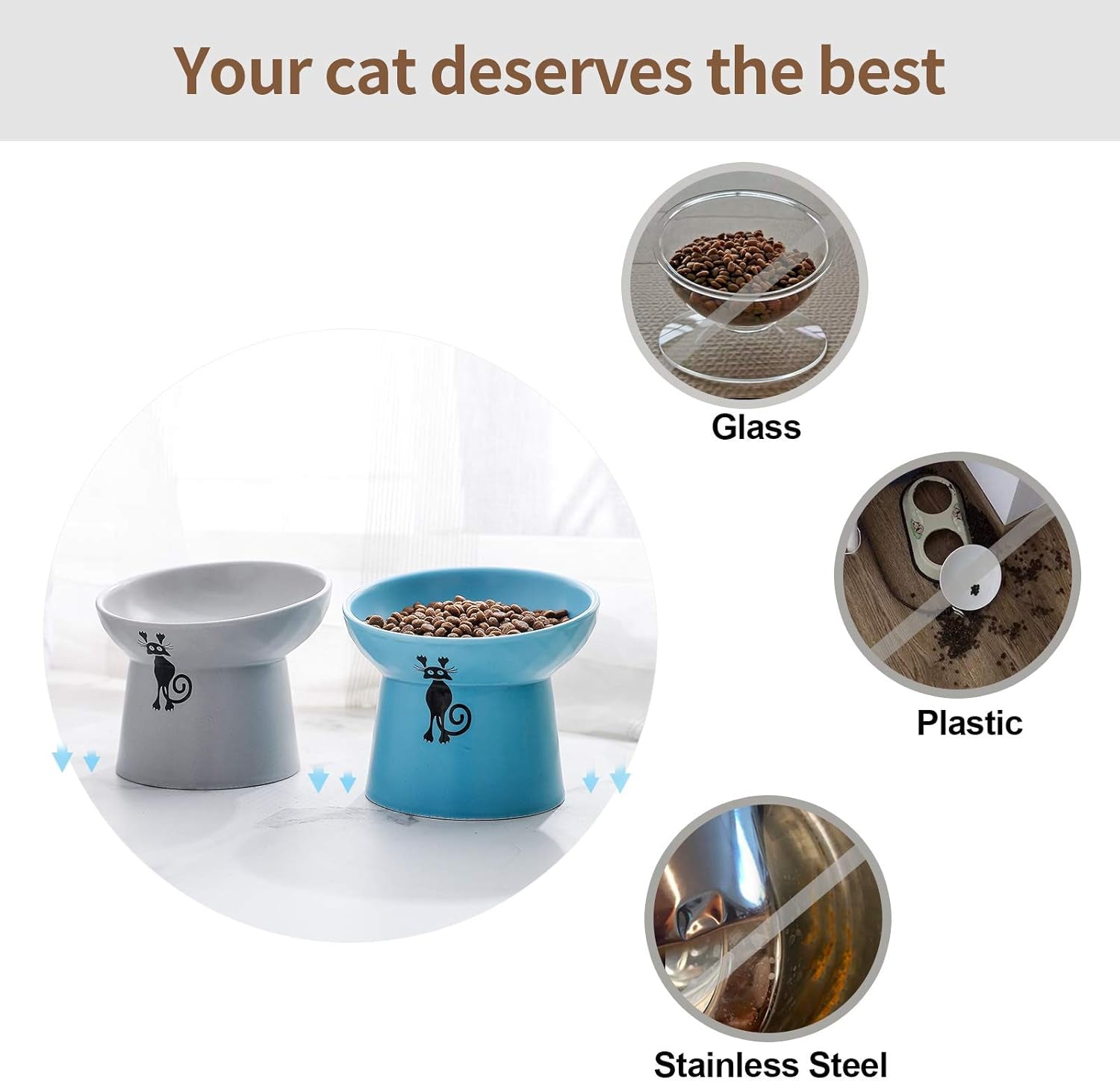 Tilted Ceramic Raised Cat Bowls, 8 OZ Food and Water Bowls Set for Kitty, Porcelain Elevated Stress Free Feeding Pet Dish, Dishwasher and Microwave Safe, 2 Pack (Grey & Blue)