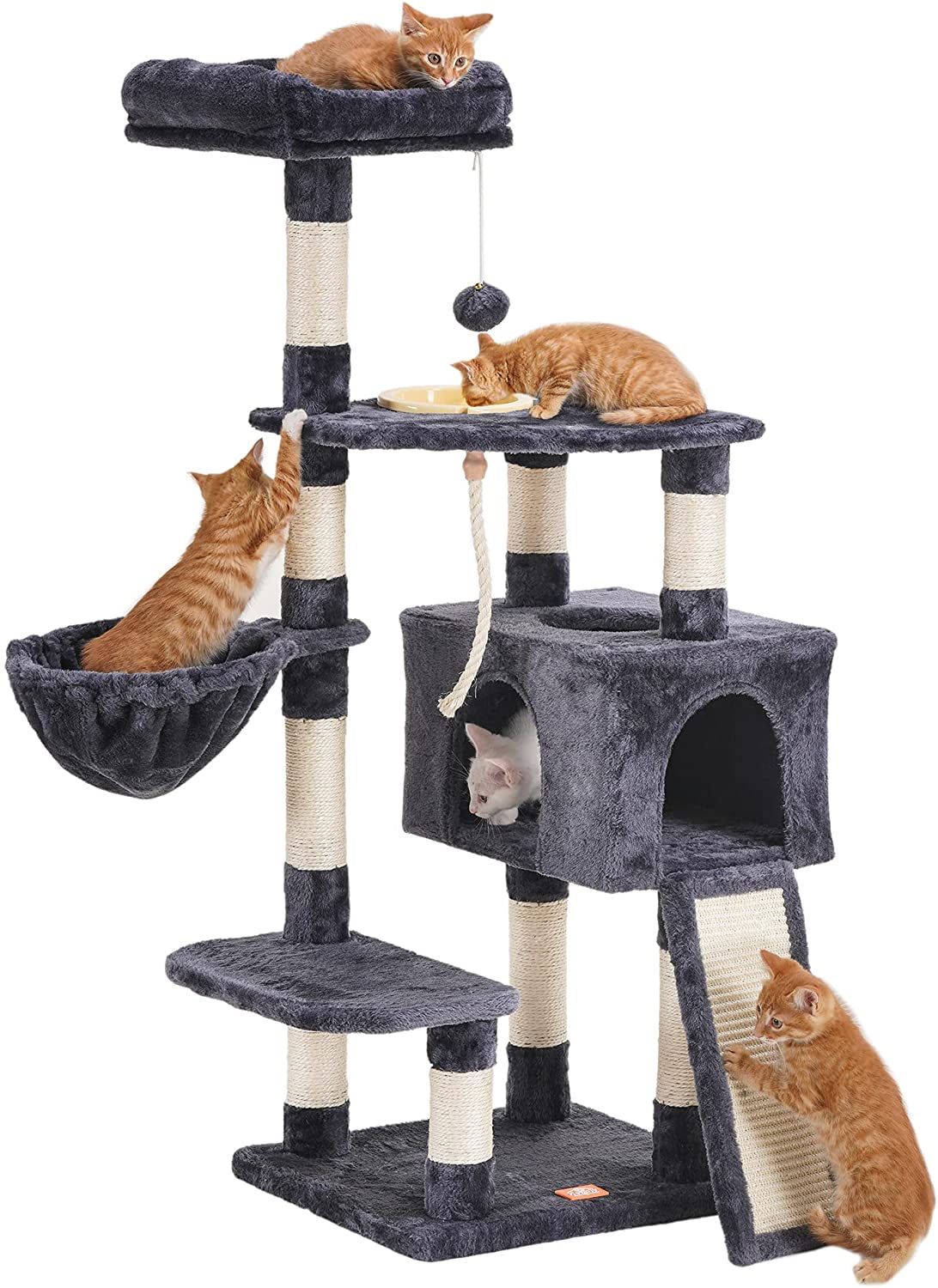 Cat Tree, Cat Tower for Indoor Cats with Scratching Board, Multi-Level Cat Furniture Condo with Feeding Bowl, Smoky Gray HCT010G