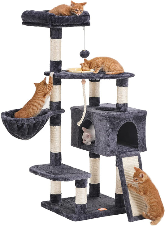 Cat Tree, Cat Tower for Indoor Cats with Scratching Board, Multi-Level Cat Furniture Condo with Feeding Bowl, Smoky Gray HCT010G