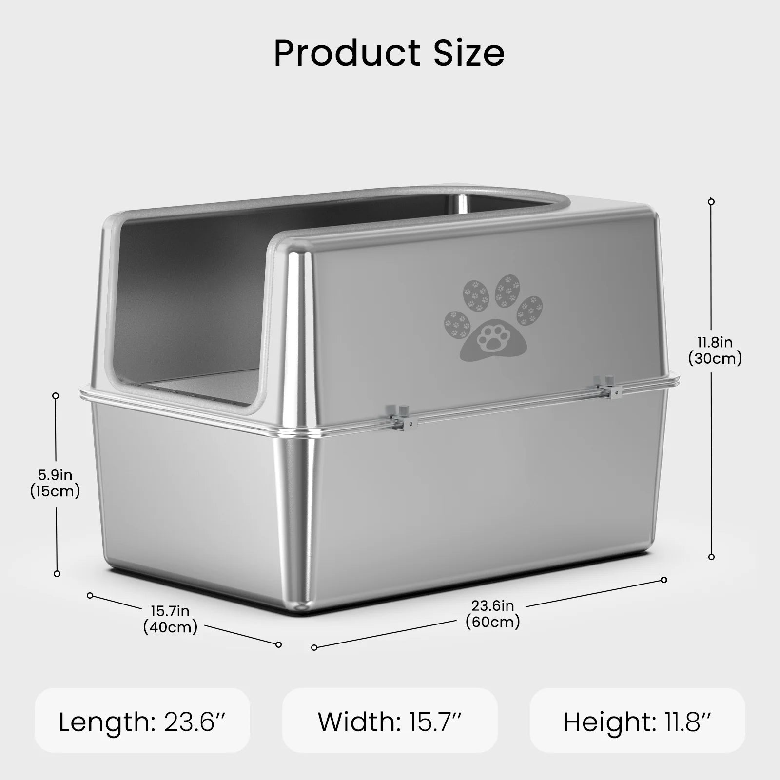 Stainless Steel Litter Box with Lid Large Cat Litter Box Metal Litter Pan 23.6" X 15.7" X 11.8"