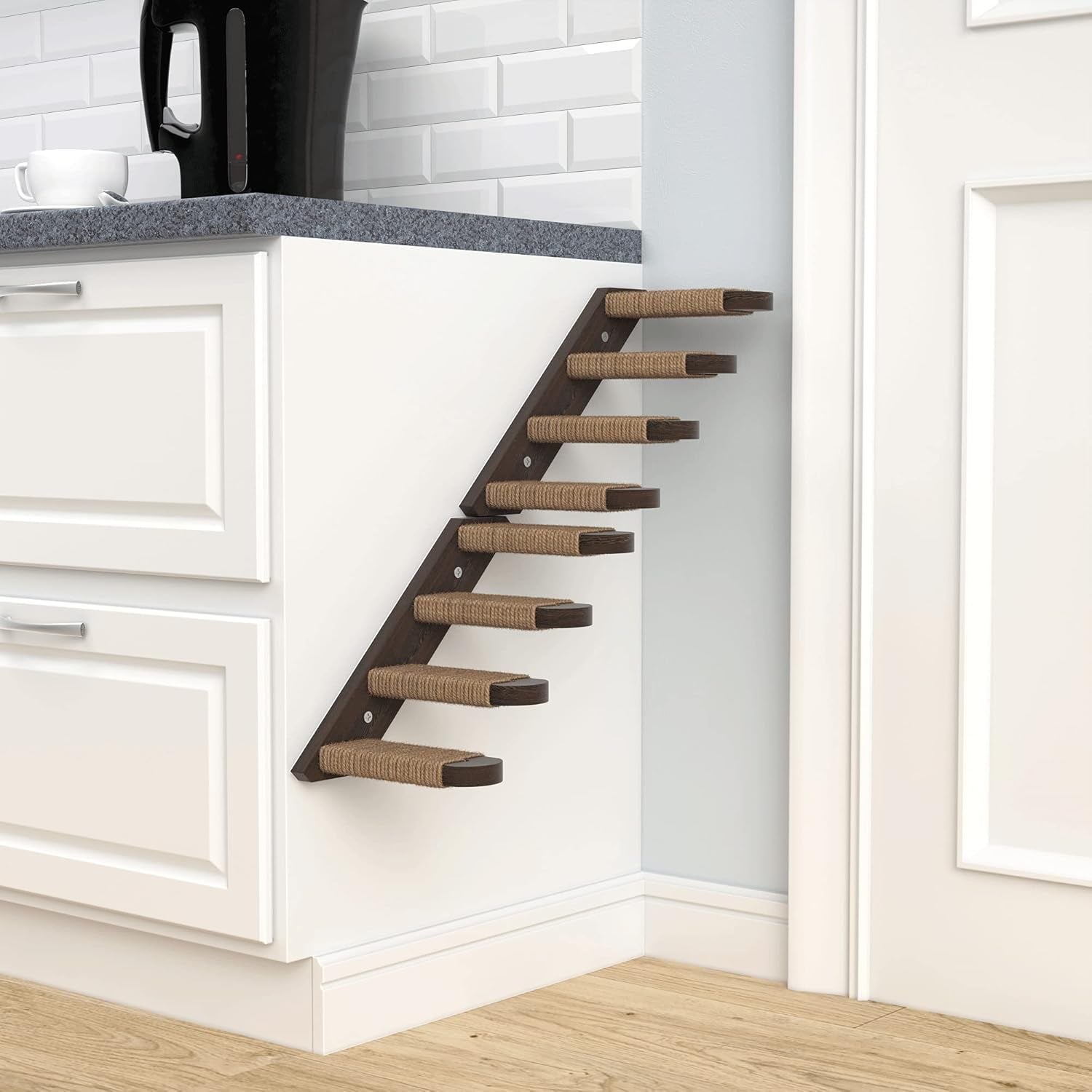 Cat Steps - Solid Rubber Wood Cat Stairs Great for Scratching and Climbing - Easy to Install Wall Mounted Cats Shelves for Playful Cats (Brown, Left to Right)