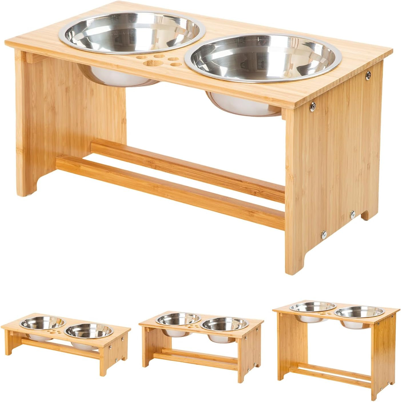 Raised Pet Bowls for Cats and Small Dogs, Bamboo Elevated Dog Cat Food and Water Bowls Stand Feeder with 2 Stainless Steel Bowls and anti Slip Feet (10'' Tall-50 Oz Bowl)