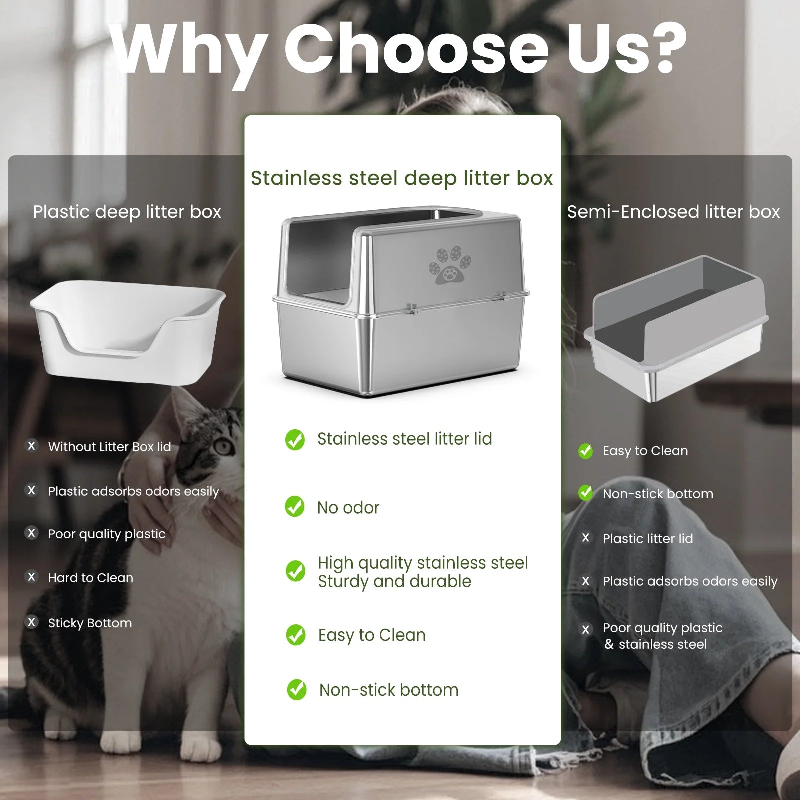 Stainless Steel Litter Box with Lid Large Cat Litter Box Metal Litter Pan 23.6" X 15.7" X 11.8"