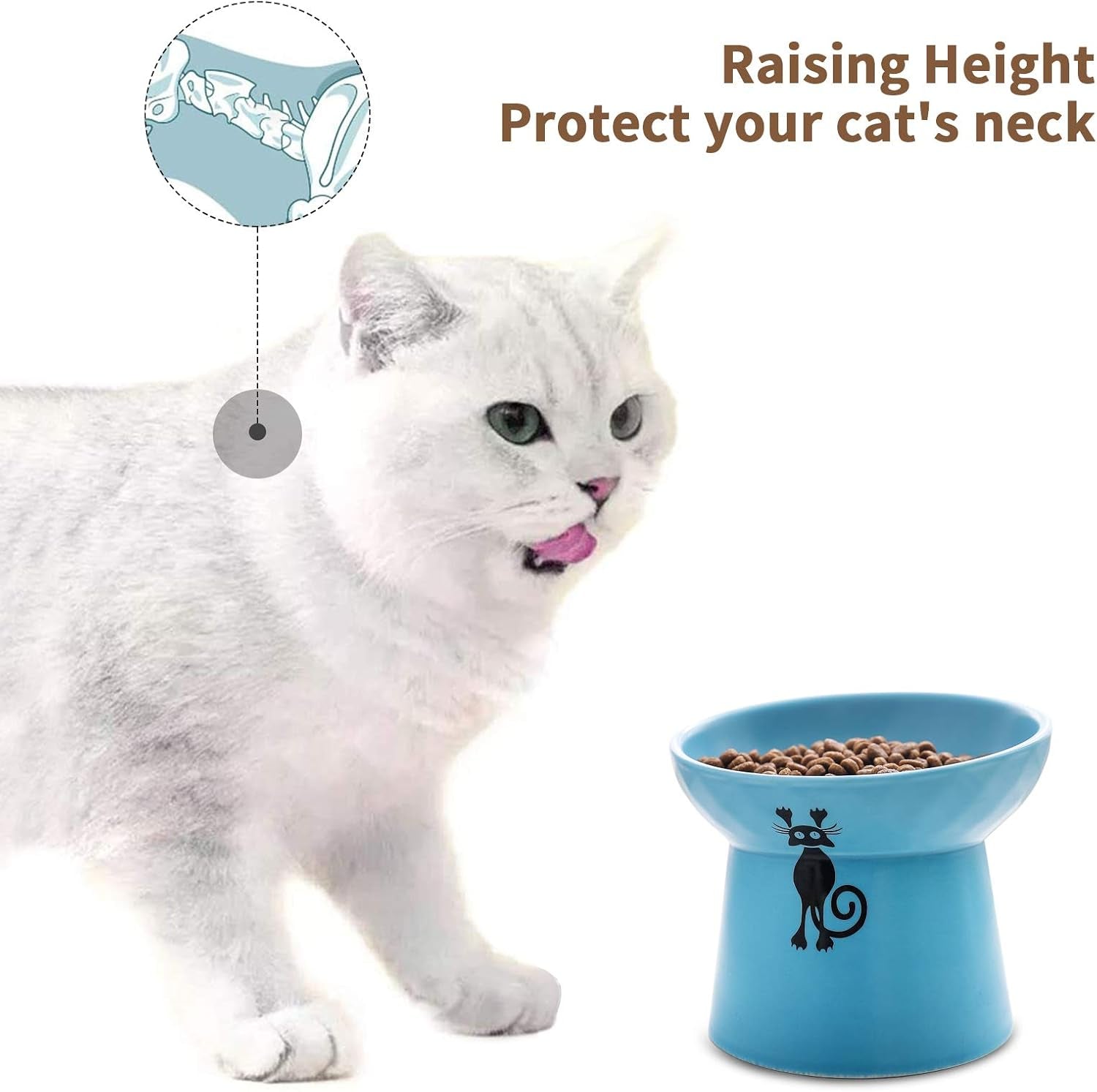 Tilted Ceramic Raised Cat Bowls, 8 OZ Food and Water Bowls Set for Kitty, Porcelain Elevated Stress Free Feeding Pet Dish, Dishwasher and Microwave Safe, 2 Pack (Grey & Blue)