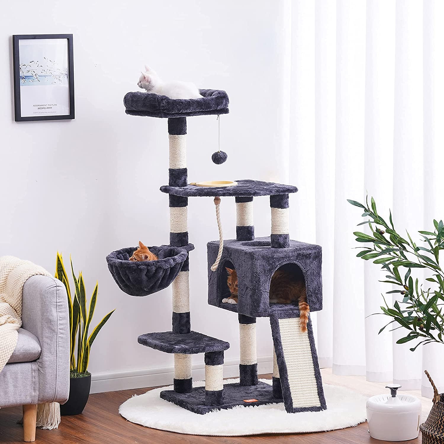 Cat Tree, Cat Tower for Indoor Cats with Scratching Board, Multi-Level Cat Furniture Condo with Feeding Bowl, Smoky Gray HCT010G