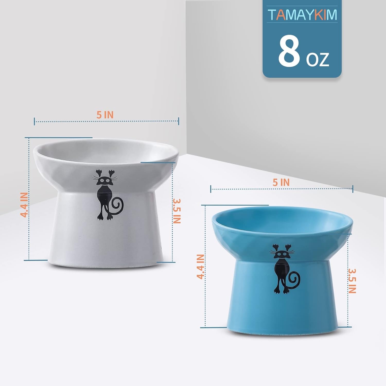 Tilted Ceramic Raised Cat Bowls, 8 OZ Food and Water Bowls Set for Kitty, Porcelain Elevated Stress Free Feeding Pet Dish, Dishwasher and Microwave Safe, 2 Pack (Grey & Blue)