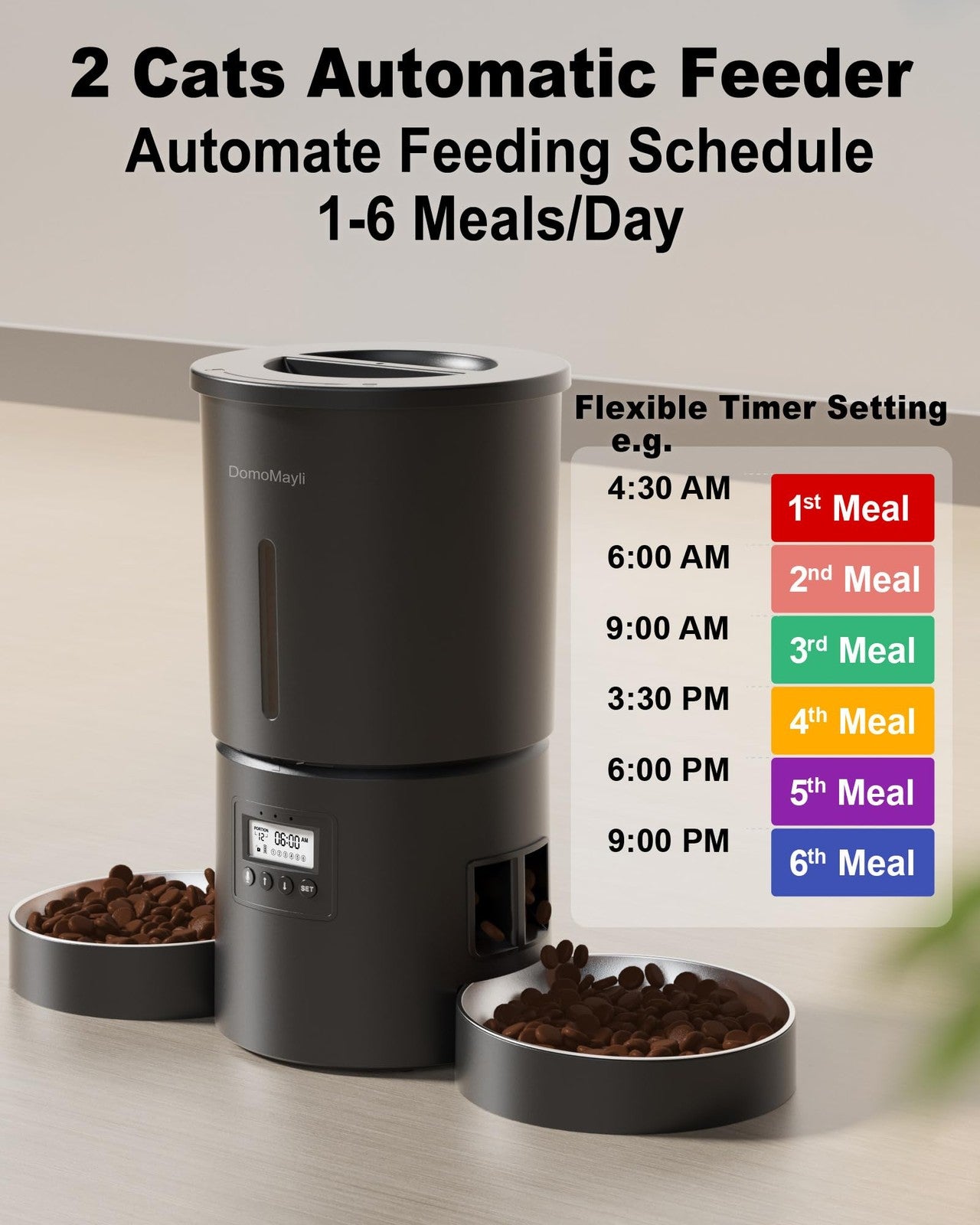 Automatic Dual Cats Feeder for 2 Cats,6 Meals/Day,12 Portions/Meal,
