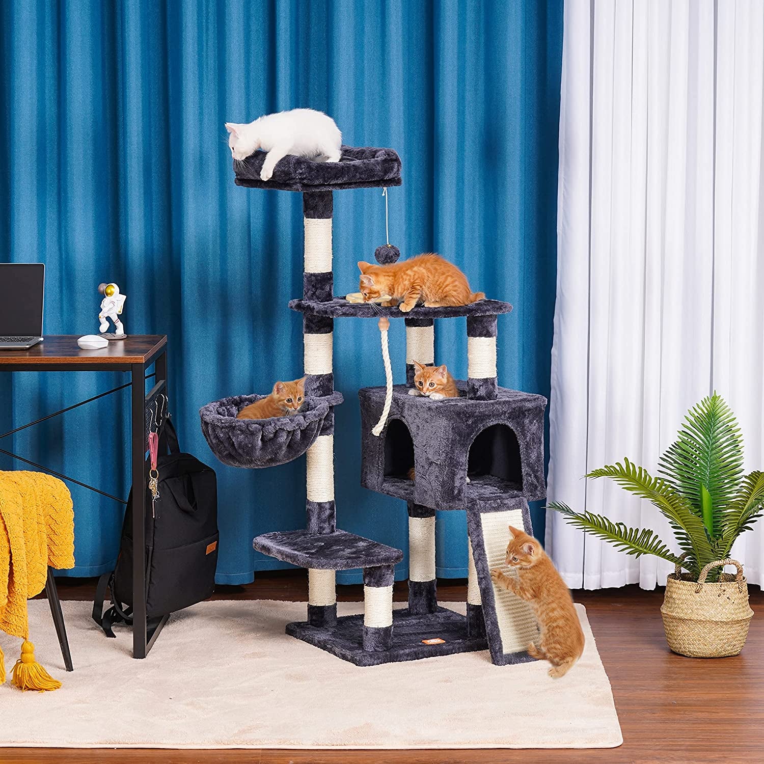 Cat Tree, Cat Tower for Indoor Cats with Scratching Board, Multi-Level Cat Furniture Condo with Feeding Bowl, Smoky Gray HCT010G