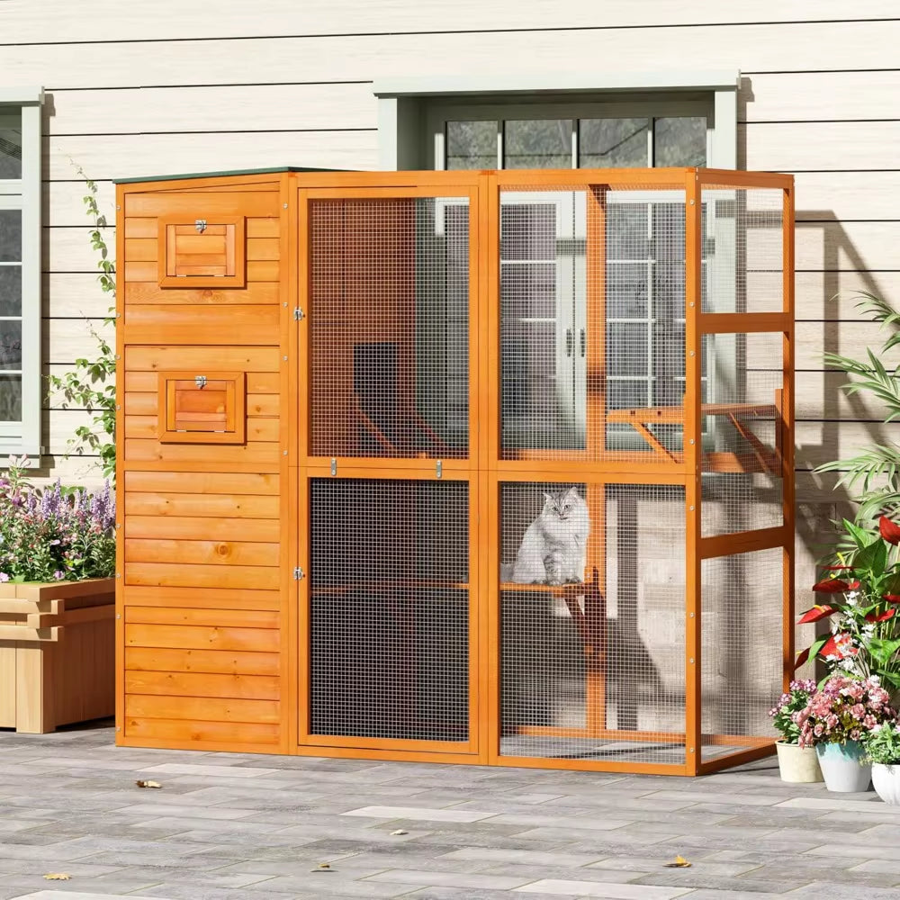 Large Wood Cat Catio, Outdoor Enclosure with Weatherproof Roof, 2 Resting Rooms, 2 Platforms, 4-Tier Cat Playpen, Orange