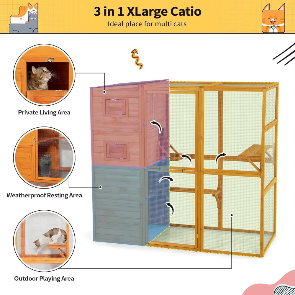 Large Wood Cat Catio, Outdoor Enclosure with Weatherproof Roof, 2 Resting Rooms, 2 Platforms, 4-Tier Cat Playpen, Orange
