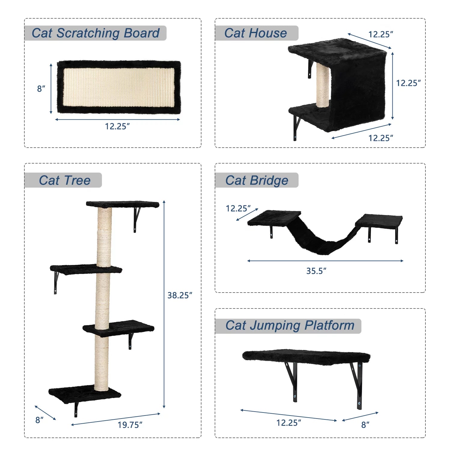 Cat Wall Shelves and Perches Set of 5, Sleeping Playing Lounging Climbing Cat Tree House for Multiple Cats, Black