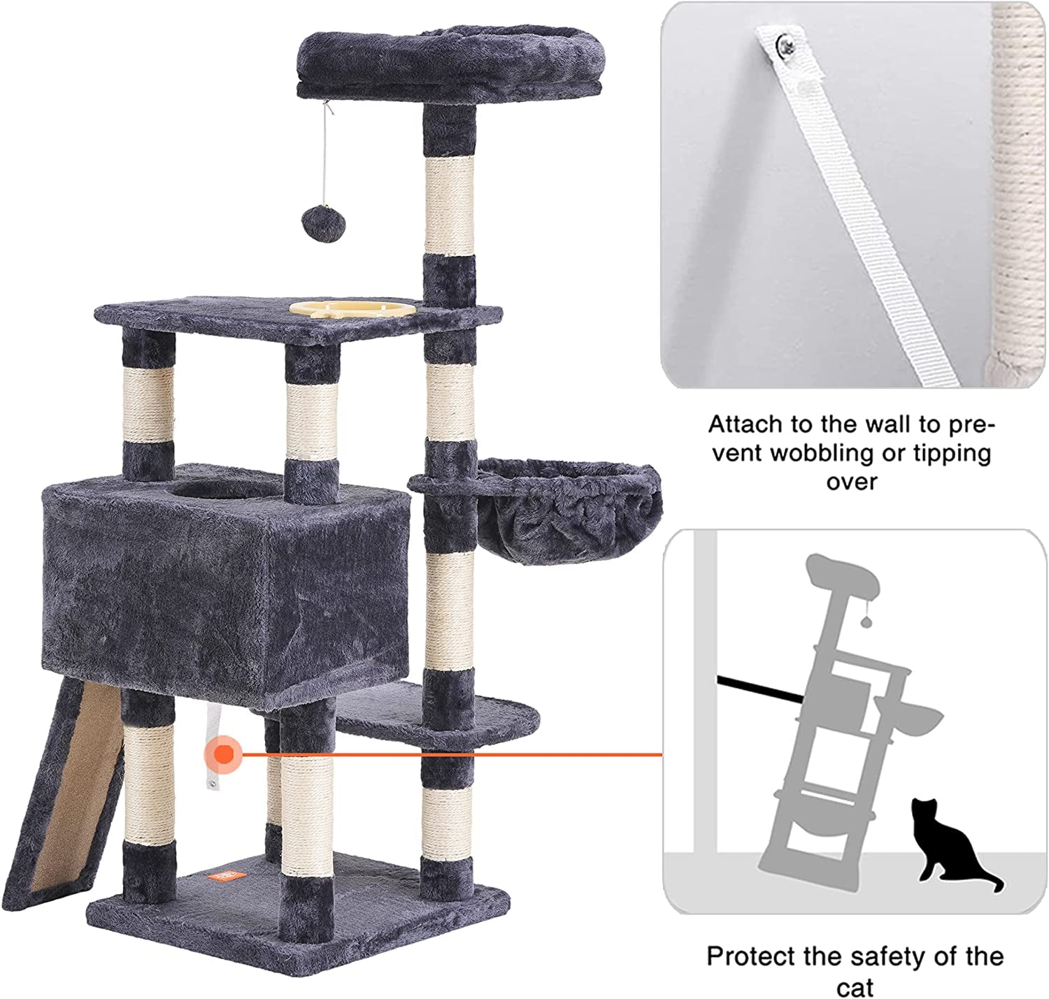 Cat Tree, Cat Tower for Indoor Cats with Scratching Board, Multi-Level Cat Furniture Condo with Feeding Bowl, Smoky Gray HCT010G