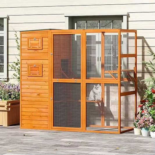 Large Wood Cat Catio, Outdoor Enclosure with Weatherproof Roof, 2 Resting Rooms, 2 Platforms, 4-Tier Cat Playpen, Orange