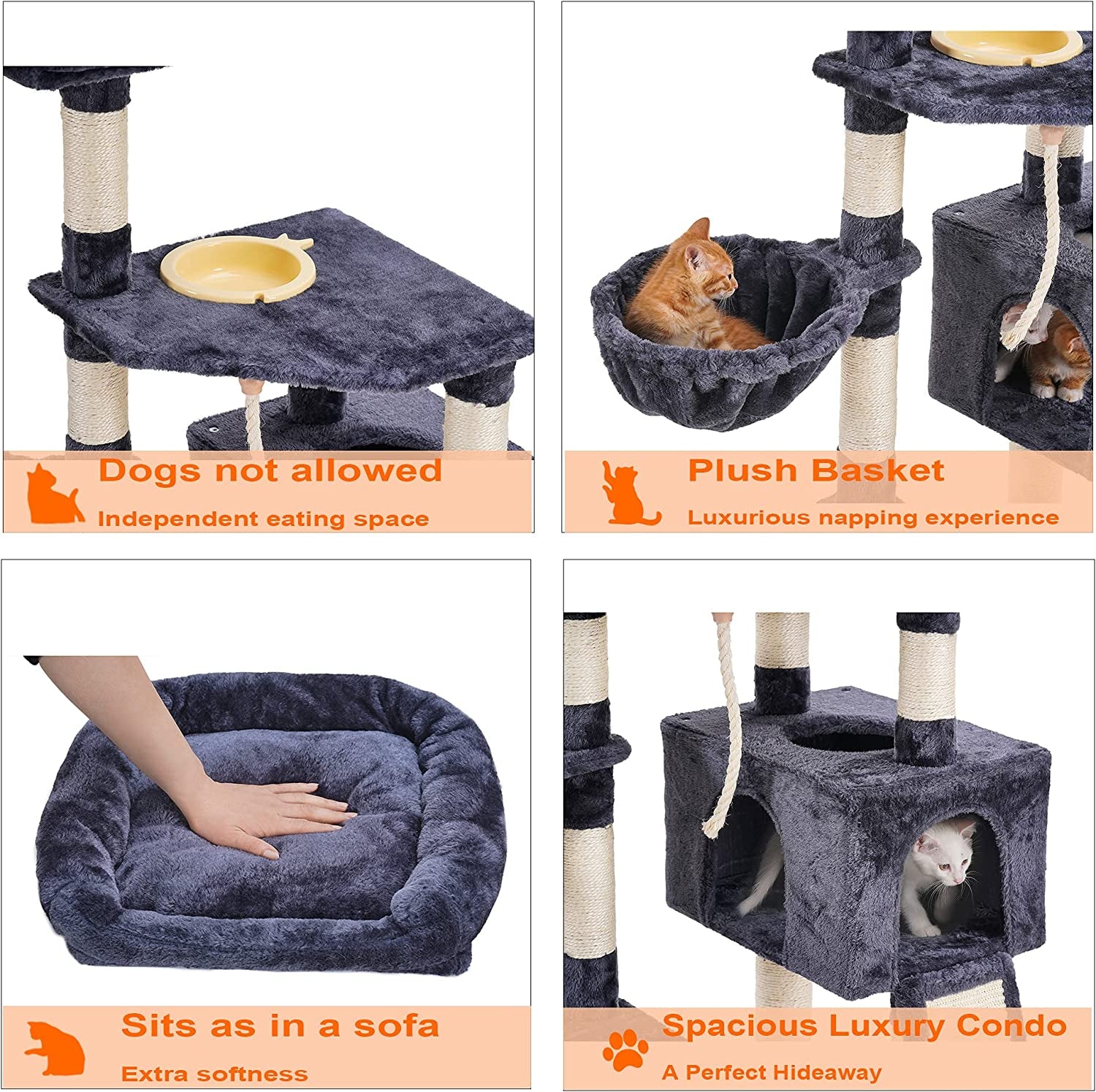 Cat Tree, Cat Tower for Indoor Cats with Scratching Board, Multi-Level Cat Furniture Condo with Feeding Bowl, Smoky Gray HCT010G