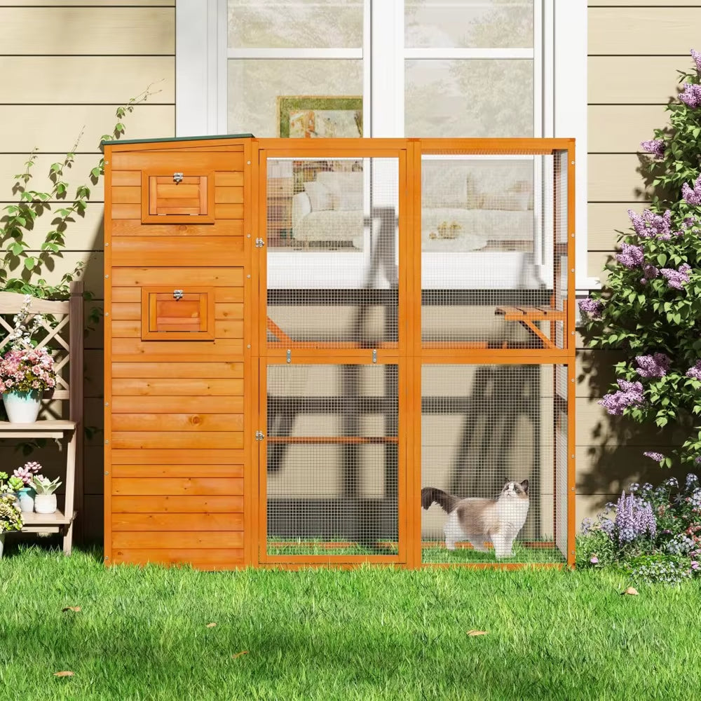 Large Wood Cat Catio, Outdoor Enclosure with Weatherproof Roof, 2 Resting Rooms, 2 Platforms, 4-Tier Cat Playpen, Orange