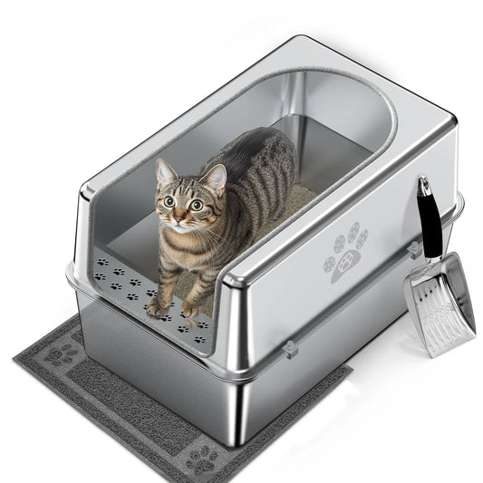 Stainless Steel Litter Box with Lid Large Cat Litter Box Metal Litter Pan 23.6" X 15.7" X 11.8"