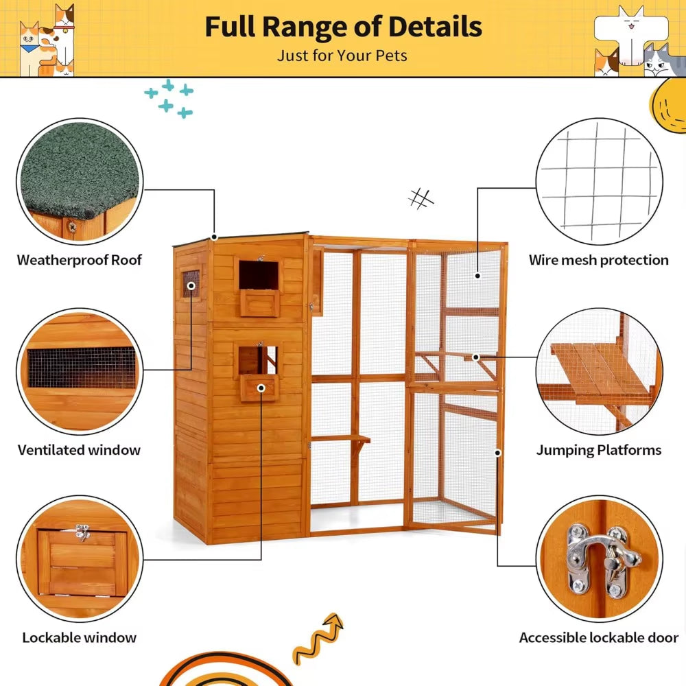 Large Wood Cat Catio, Outdoor Enclosure with Weatherproof Roof, 2 Resting Rooms, 2 Platforms, 4-Tier Cat Playpen, Orange