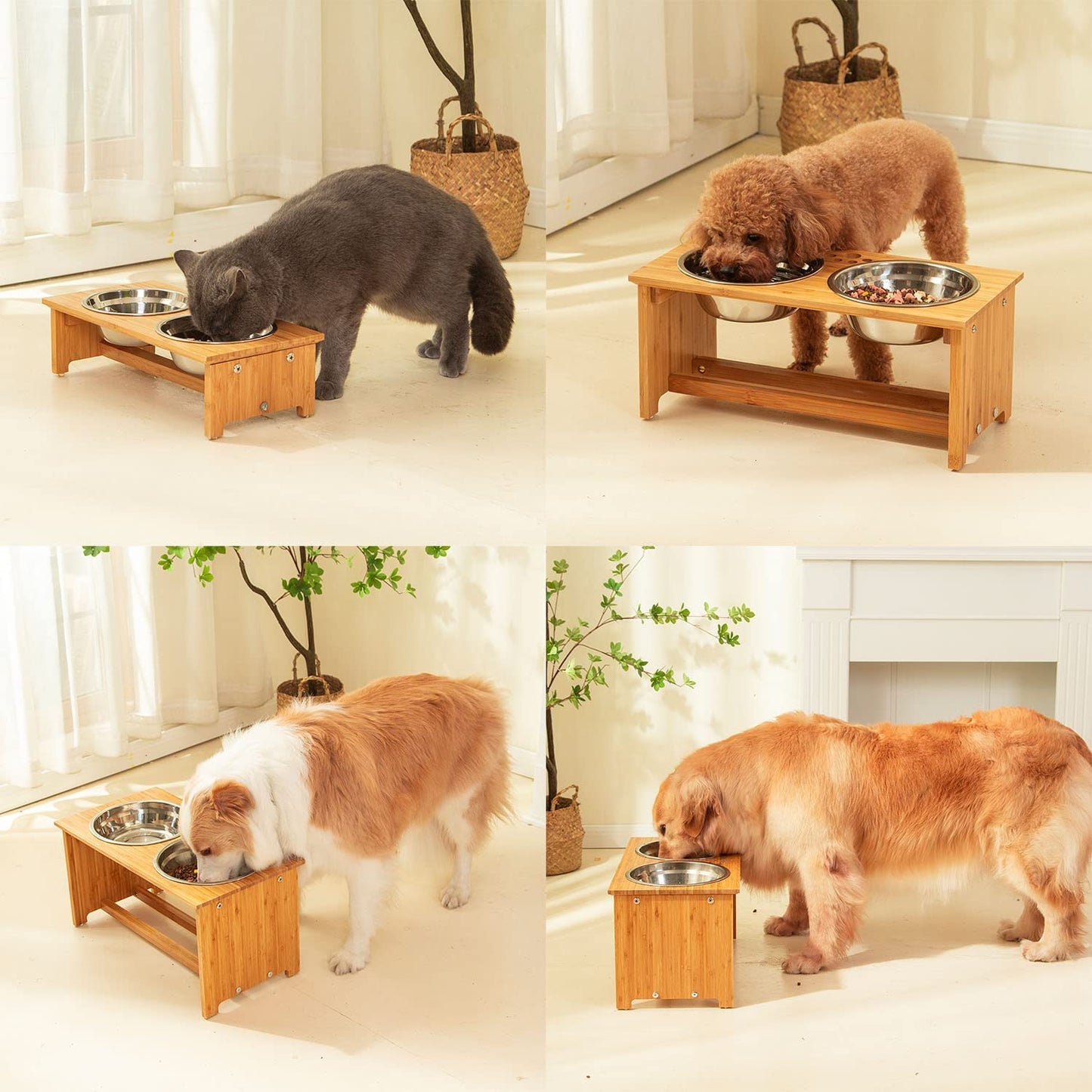Raised Pet Bowls for Cats and Small Dogs, Bamboo Elevated Dog Cat Food and Water Bowls Stand Feeder with 2 Stainless Steel Bowls and anti Slip Feet (10'' Tall-50 Oz Bowl)