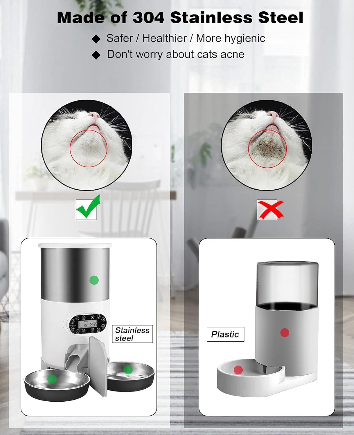 Automatic Cat Feeders, 304 Stainless Steel Timed Cat Food Dispenser for 2 Cats & Small Dog, 4.5L Pet Feeder with 2-Way Splitter, 1-4 Meals Portion Control,10S Voice Recorder, Dual Power Supply