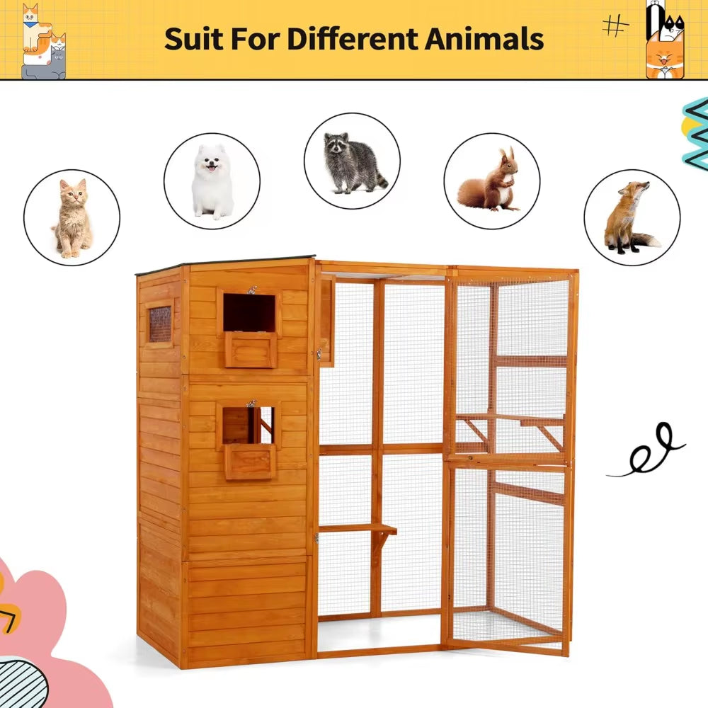 Large Wood Cat Catio, Outdoor Enclosure with Weatherproof Roof, 2 Resting Rooms, 2 Platforms, 4-Tier Cat Playpen, Orange