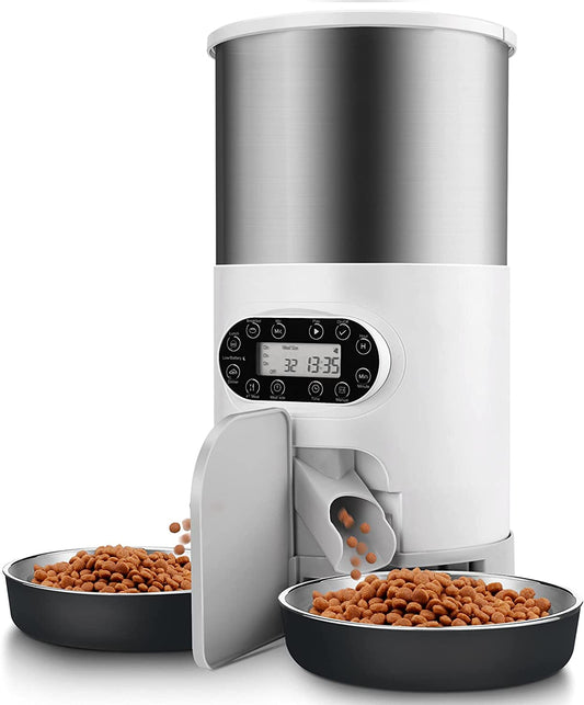 Automatic Cat Feeders, 304 Stainless Steel Timed Cat Food Dispenser for 2 Cats & Small Dog, 4.5L Pet Feeder with 2-Way Splitter, 1-4 Meals Portion Control,10S Voice Recorder, Dual Power Supply
